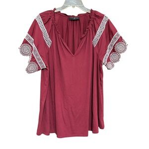 Lane Bryant Maroon Embroidered V Neck Flutter Sleeve Tunic Top Plus Size 18/20